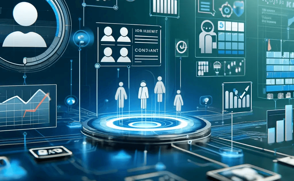 Digital illustration depicting data-driven marketing with contact lists, customer profiles, graphs, and charts in a blue and green theme, highlighting the importance of contact data in marketing strategies.