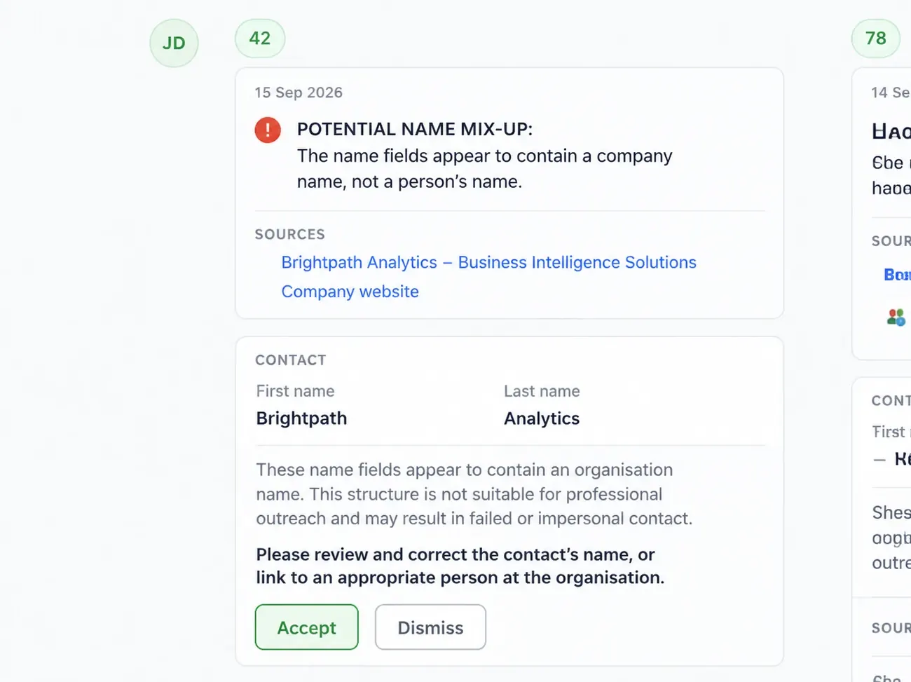 Illustrative Data Integrity Check when a company's name appears in personal name fields
