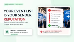Event contact data quality illustration showing outdated roles, bounced emails, duplicate attendee records and sender reputation risk