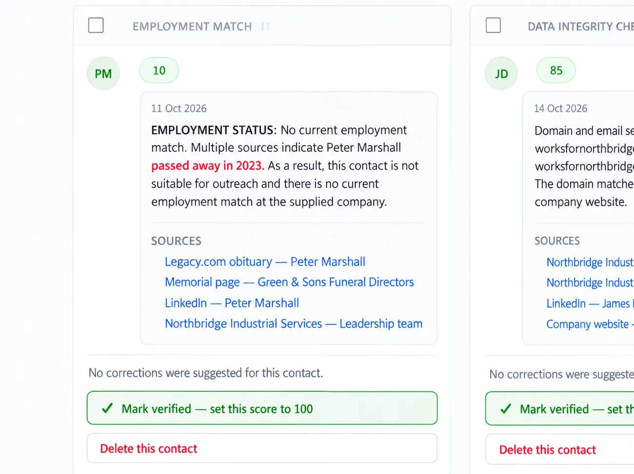 Illustrative Employment Match check with passed away in 2023 highlighted in red